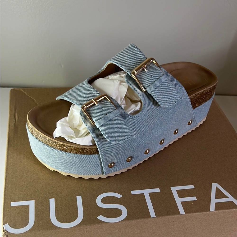 **NEW** JustFab Denim Blue Platform Slides with Gold Accents - Picture 2 of 4